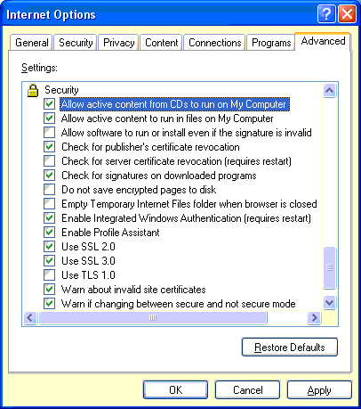 Kartica Internet Options